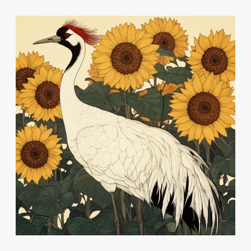 Elegant Crane Among Sunflowers: Japanese-Inspired Nature Illustration Pin