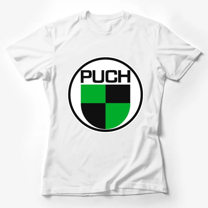 Vintage Puch Motorcycle Company Logo with Green and Black Shield Design Female T-Shirt