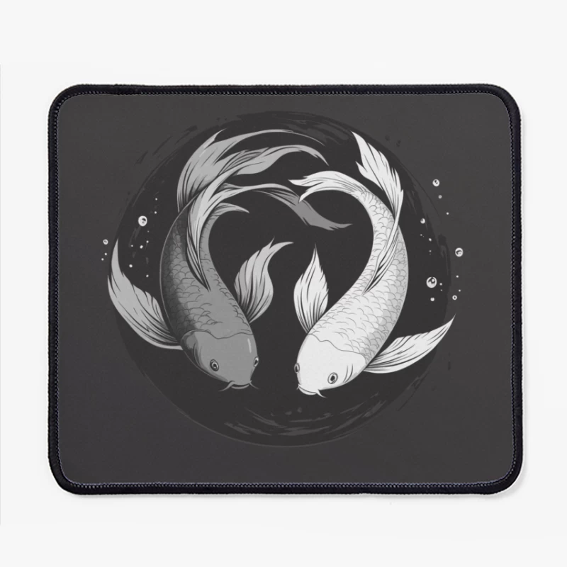 Yin Yang Koi: Circular Black and White Japanese-Inspired Illustration Mouse Pad