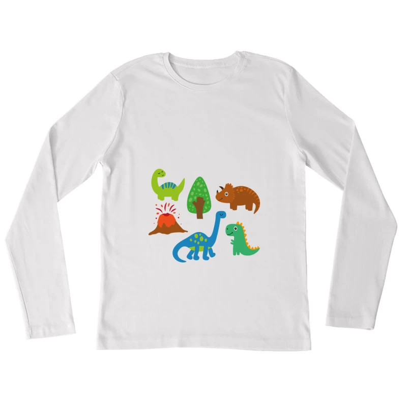 Colorés dinosaures et volcan Femme Manches Longues T-Shirt