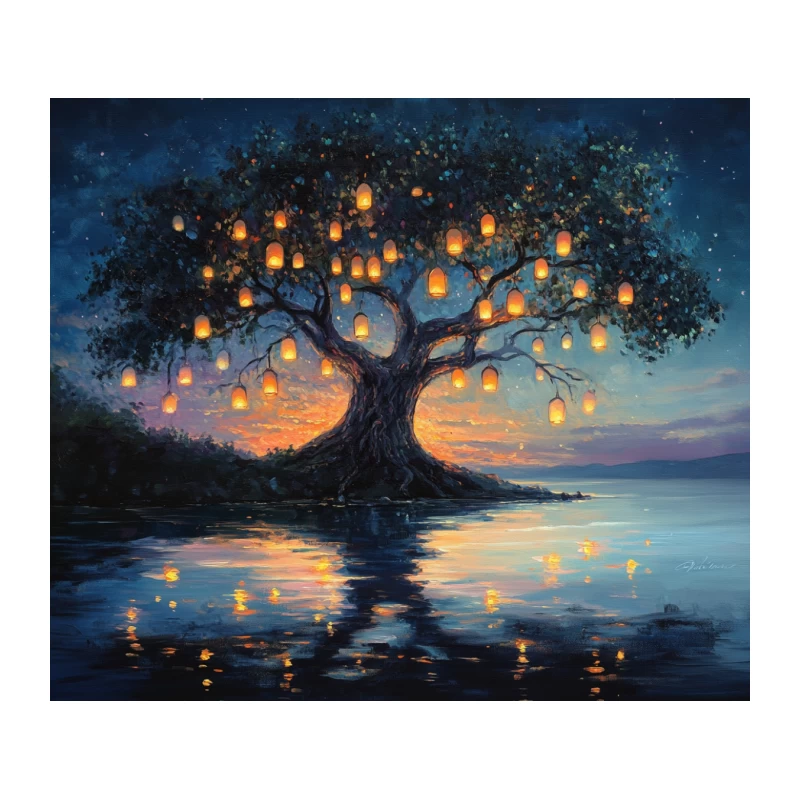 Magical Tree of Glowing Lanterns Reflected in Tranquil Waters Tapestry