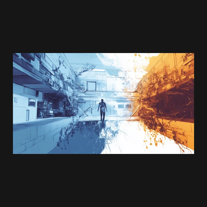 Reflective Duality in a Futuristic Urban Landscape Desk Mat