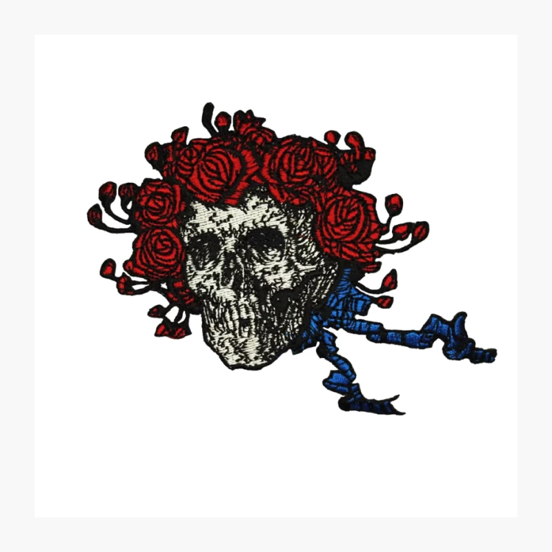 Gothic Skull with Red Roses Embroidered Patch Vintage Grateful Pin