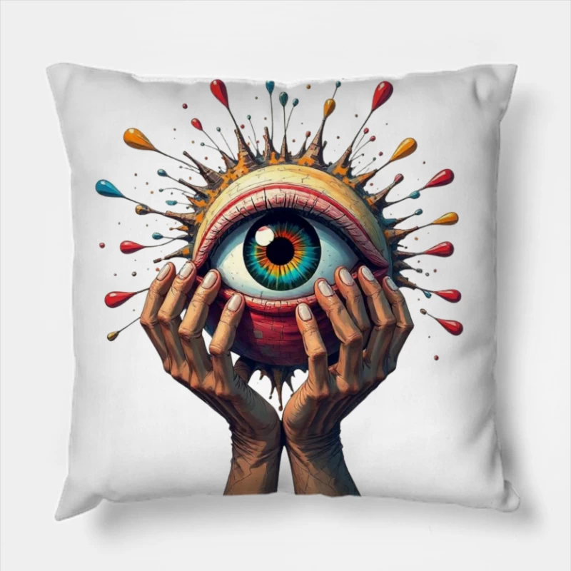 Mystical Eye Embraced by Reaching Hands with Colorful Splatter Throw Pillow