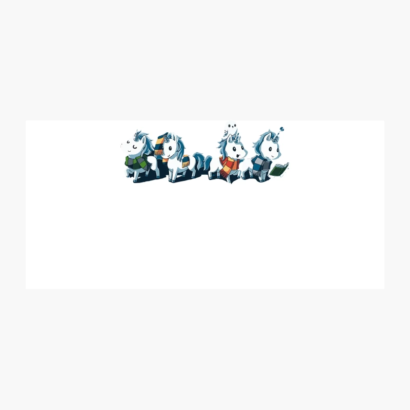 Cute Cartoon Unicorns in Winter Attire with Books and Magic Coffee Mug