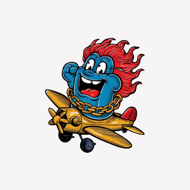 cartoon character blue creature red hair airplane gold chain retro style cartoon illustration Male T-Shirt