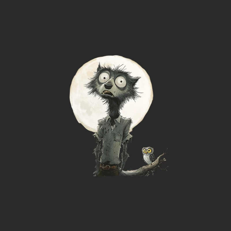 Spooky Cartoon Character with Owl under Full Moon Baseball Cap