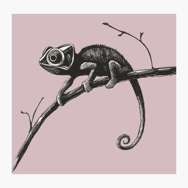 Woodcut-Style Chameleon Illustration on Branch Throw Pillow