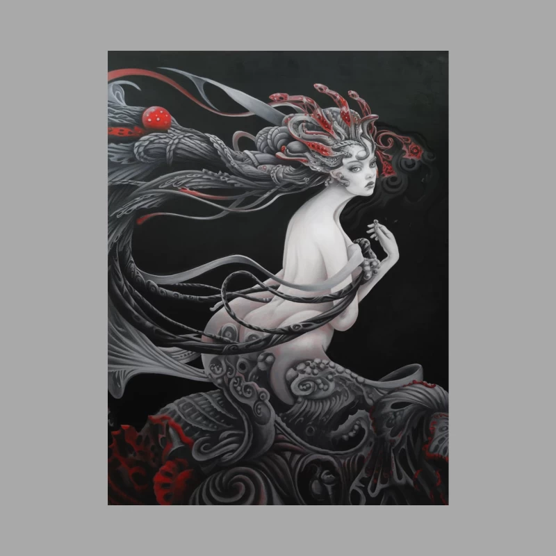 Surreal Monochrome Fantasy: Tentacled Mythical Being with Red Accents Male Pullover Hoodie