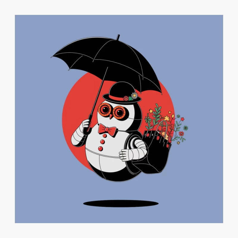 Dapper Penguin with Umbrella and Flowers Cartoon Illustration Pin