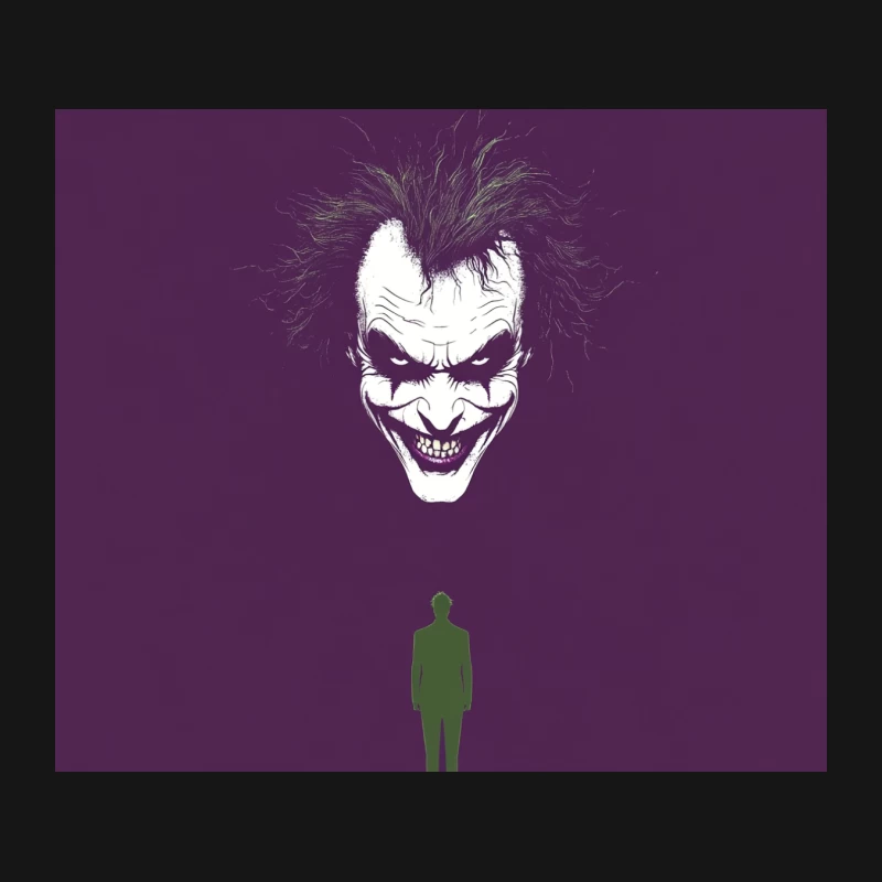 Ominous Joker Face Looms Over Silhouette on Purple Background Mouse Pad