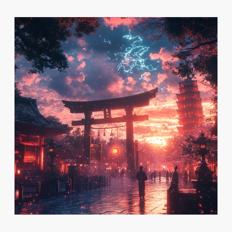 Enchanting Japanese Shrine at Magical Sunset Throw Pillow