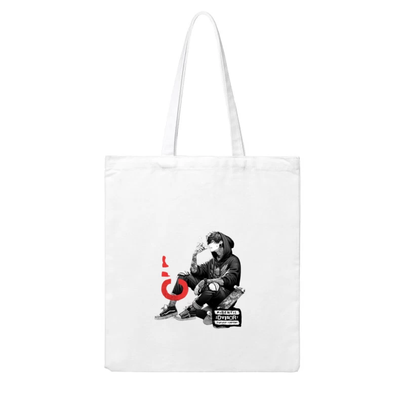 Urban Street Culture: Monochrome Skater Art with Parental Advisory Cotton Tote Bag