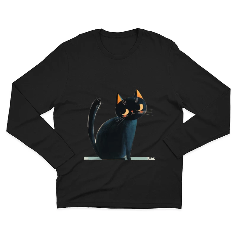 Adorable Black Cat Cartoon Illustration with Orange Ears Male Long Sleeve T-Shirt