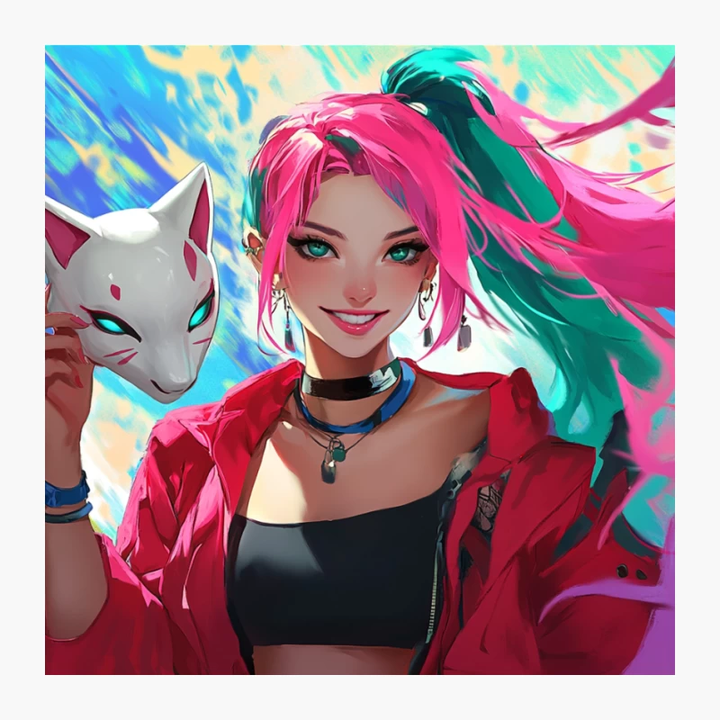 Vibrant Anime Girl with Cat Mask and Colorful Hair Pin