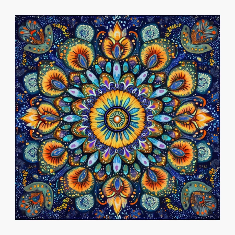 Vibrant Cosmic Mandala: Psychedelic Floral Symmetry Pin