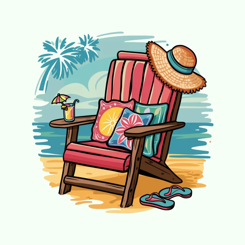 Relaxing Beach Scene with Chair and Accessories Throw Pillow