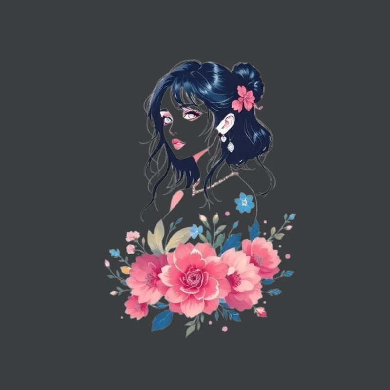 Elegant Anime Portrait with Pink Floral Arrangement Pin