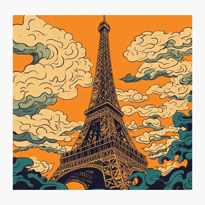 Stylized Eiffel Tower Illustration with Orange Sky and Swirling Clouds Throw Pillow