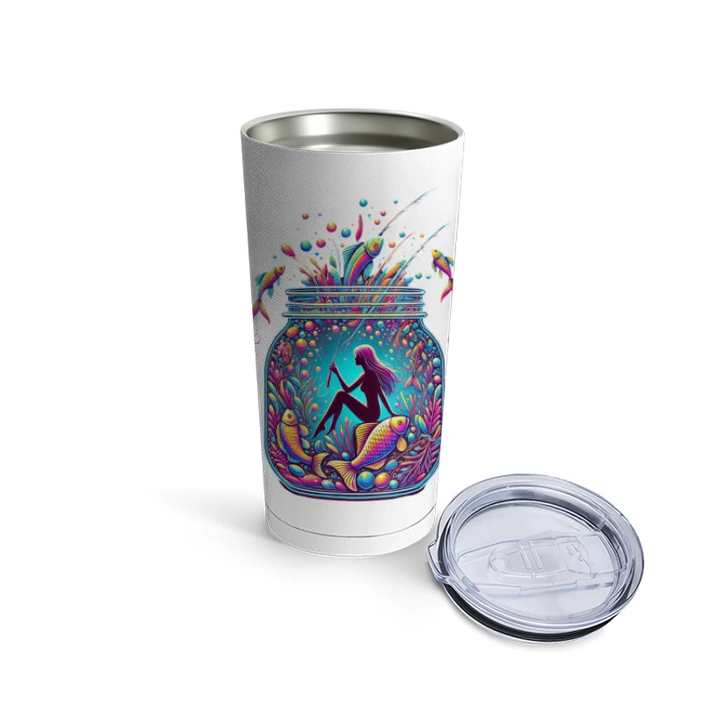 Magical Mermaid in Enchanted Mason Jar with Rainbow Fish Travel Mug