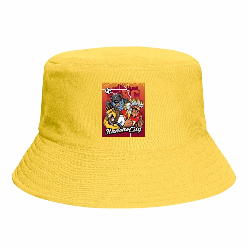 Kansas City Sports Mascots with City Skyline Illustration Bucket Hat