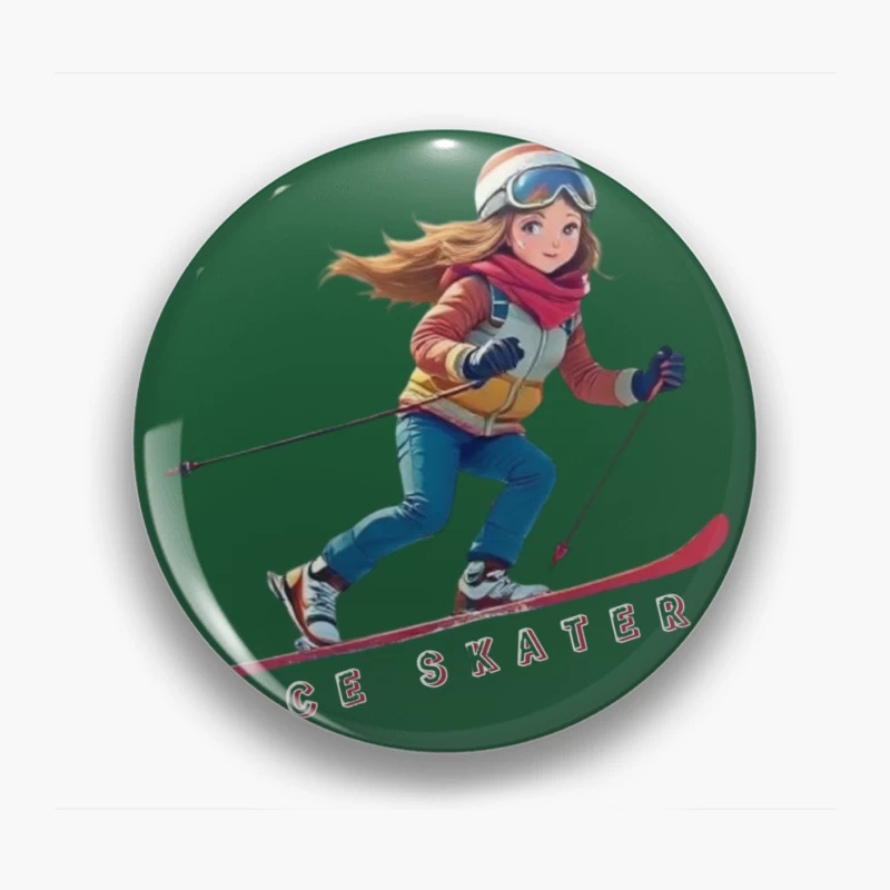 Animated Ice Skater in Winter Sports Gear Pin