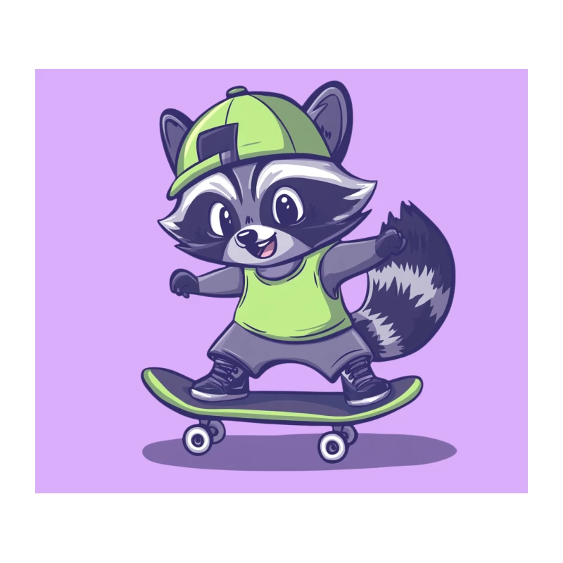 Cute Cartoon Raccoon Skateboarding in Green Outfit Tapestry