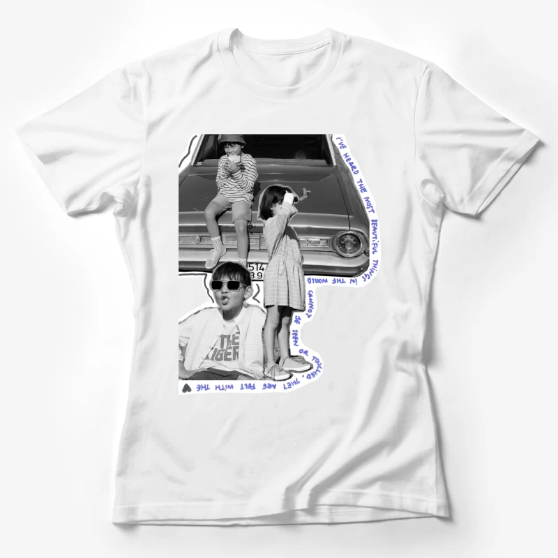 Kinder vor einem Oldtimer mit Zitat Damen T-Shirt