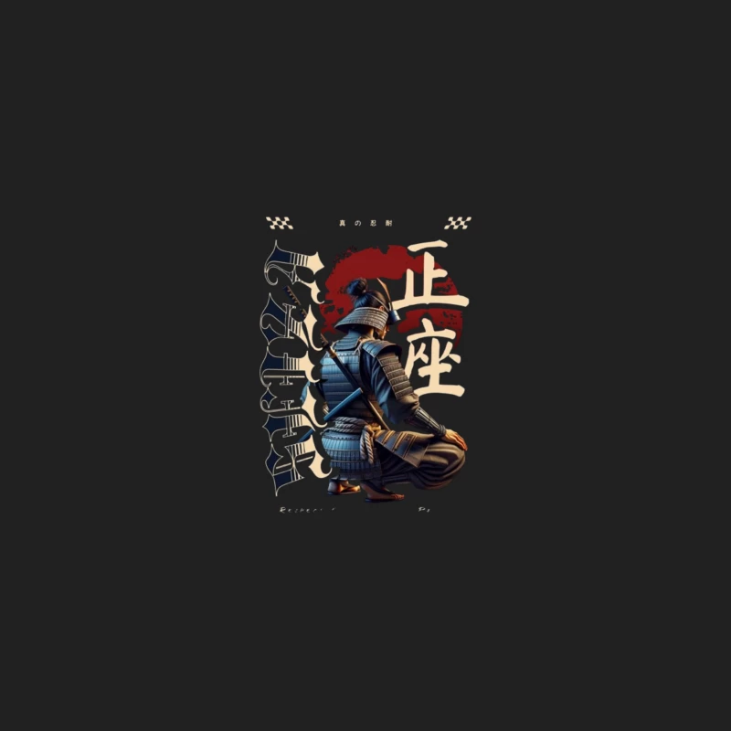 Kneeling Samurai Warrior with Traditional Japanese Calligraphy Bucket Hat