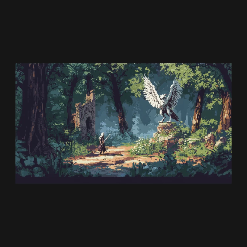 Mystical Encounter in Pixelated Fantasy Forest Desk Mat