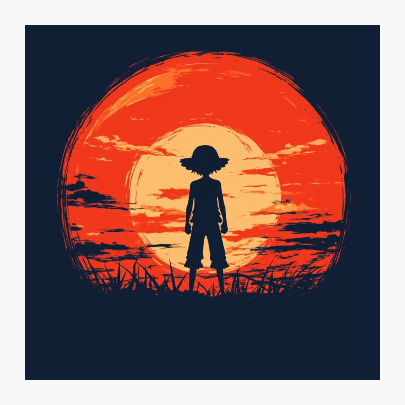 Silhouetted Straw Hat Figure Against Fiery Anime Sunset Pin