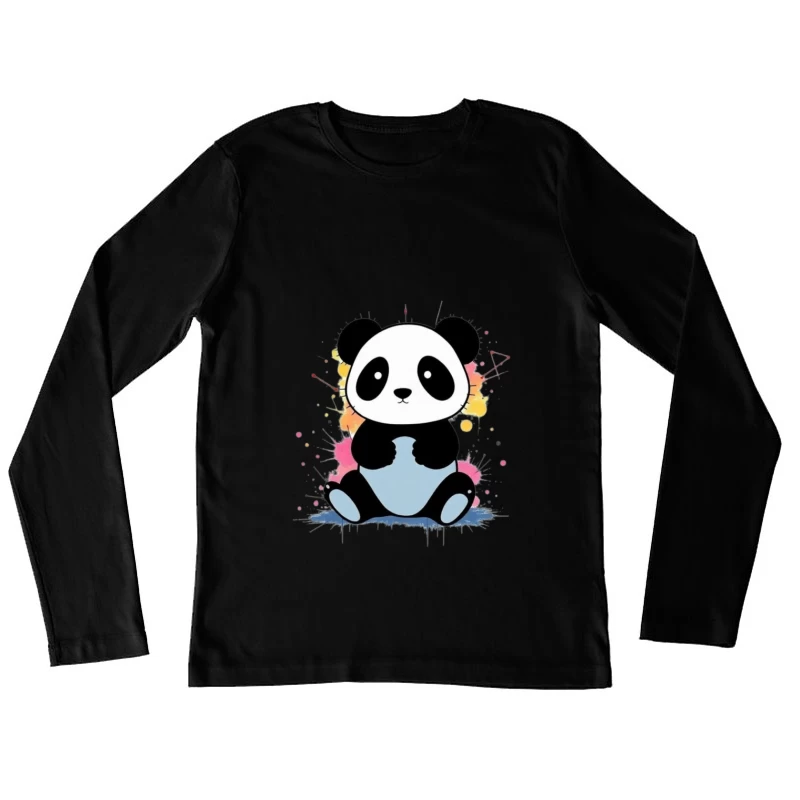 Adorable Cartoon Panda with Watercolor Splash Background Female Long Sleeve T-Shirt