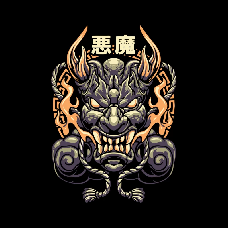 Epic Japanese Demon Mask Illustration Pin