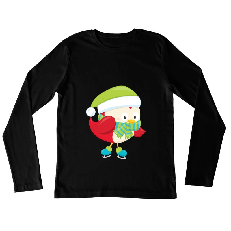 Oiseau mignon avec bonnet et écharpe en patinage Femme Manches Longues T-Shirt
