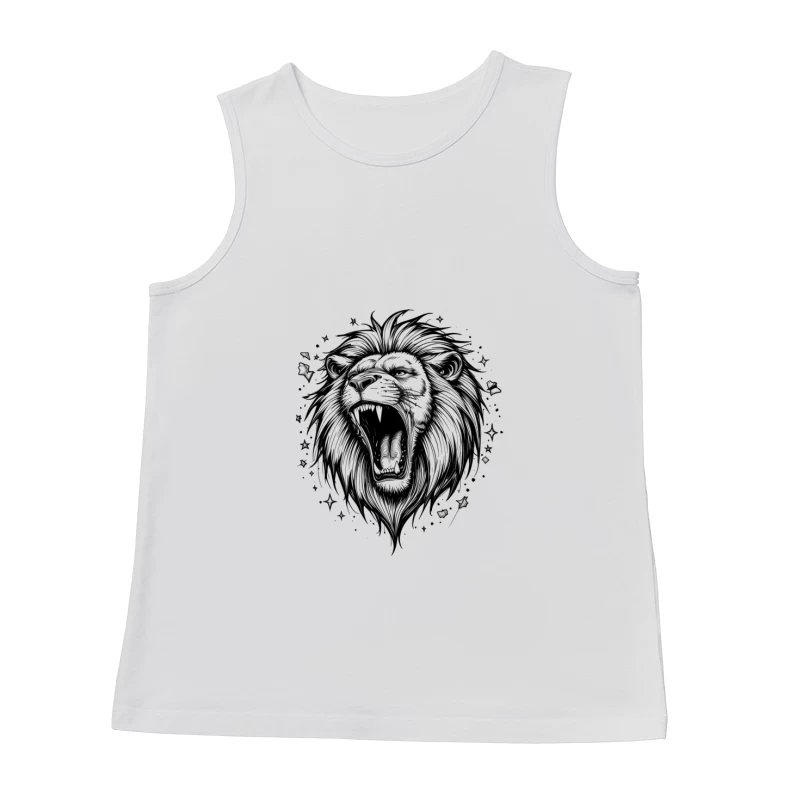 Detailed Roaring Lion Illustration in Black and White Male Tank Top