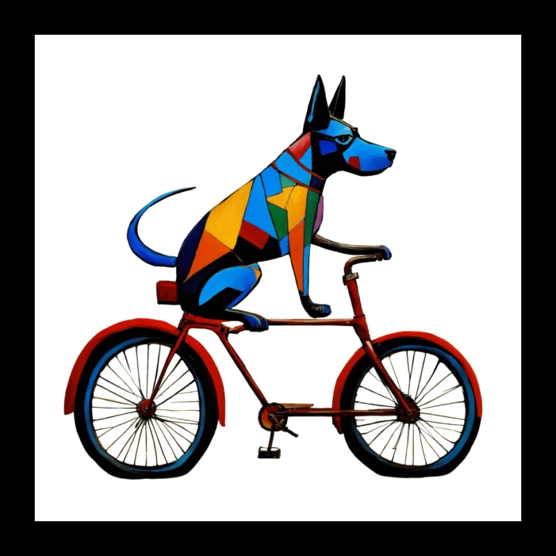 Geometric Colorful Dog Riding Red Bicycle Art Pin