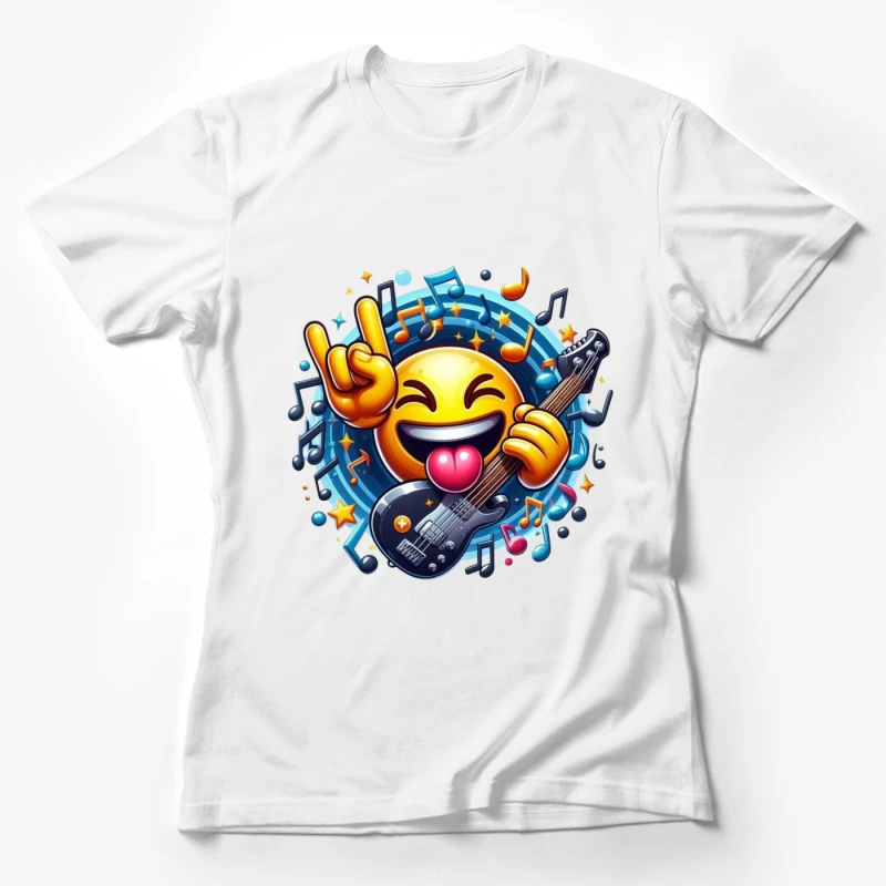 Rocking Smiley Emoji with Guitar and Music Notes Female T-Shirt