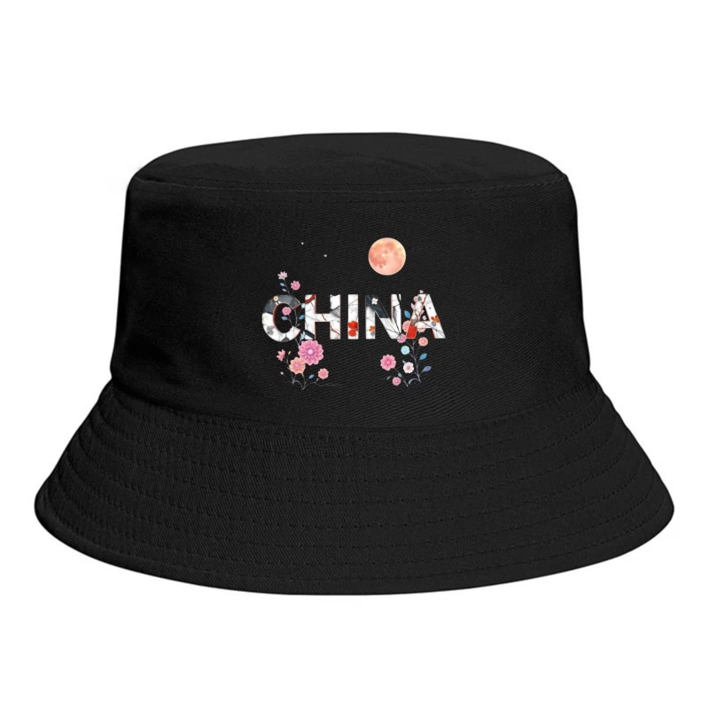 Floral Chinese Typography with Pink Moon and Cherry Blossoms Bucket Hat