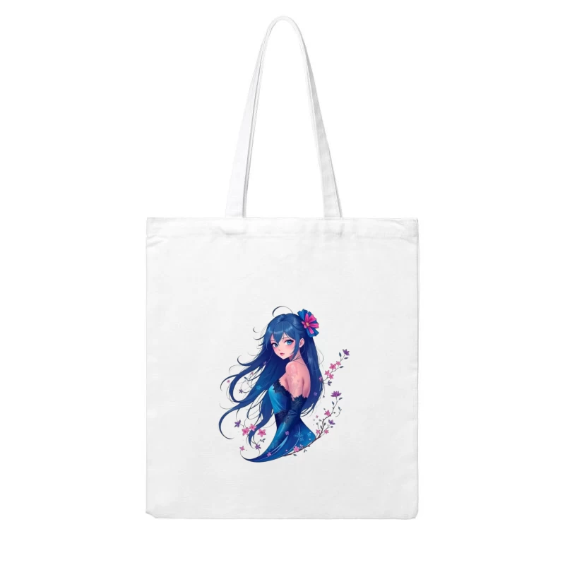 Elegant Anime Girl with Blue Hair and Floral Accents in Evening Dress Cotton Tote Bag