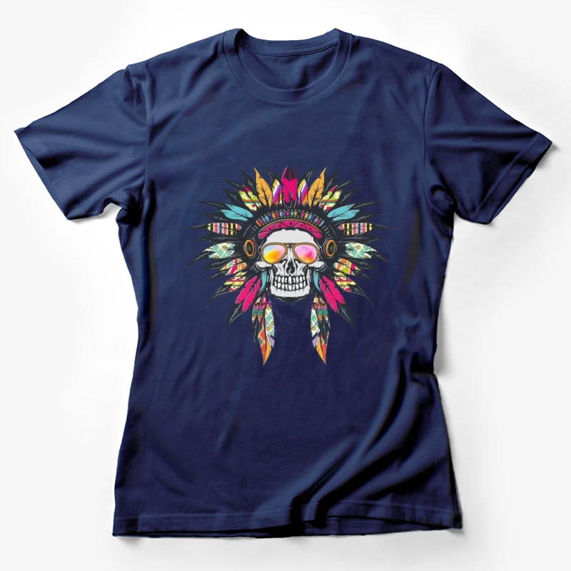 Colorful Skull with Headdress and Sunglasses Female T-Shirt
