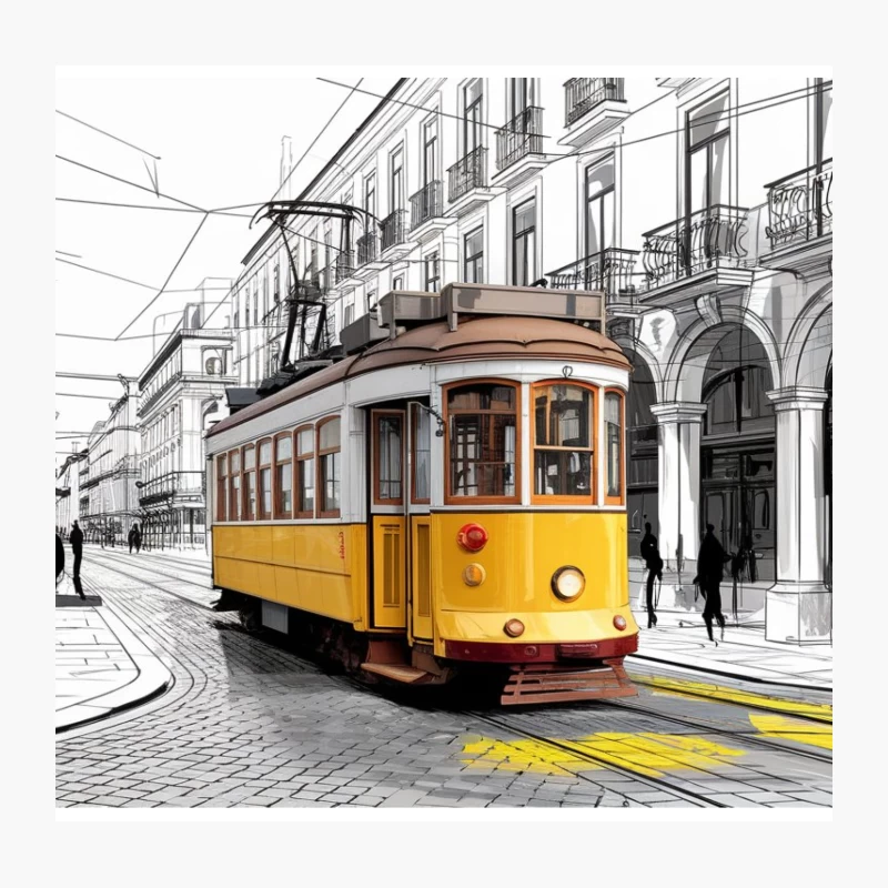 Vintage Yellow Tram on Sketched Urban Street Throw Pillow