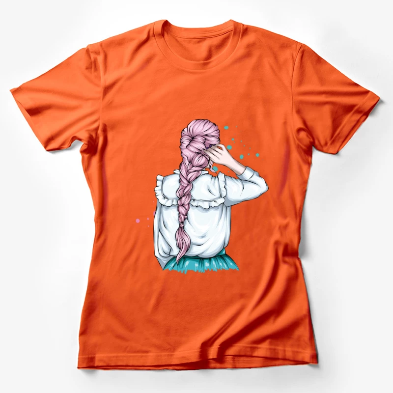 Whimsical Illustration of a Girl with Pink Hair in a Braid Female T-Shirt