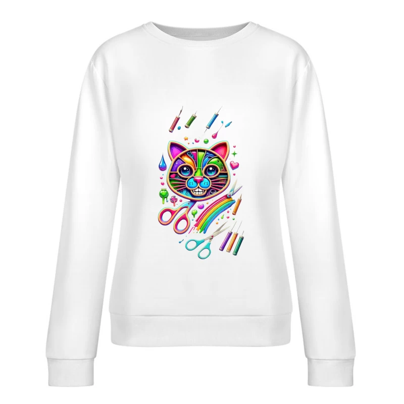 Rainbow Pop Art Cat with Creative Art Supplies Female Pullover Sweatshirt