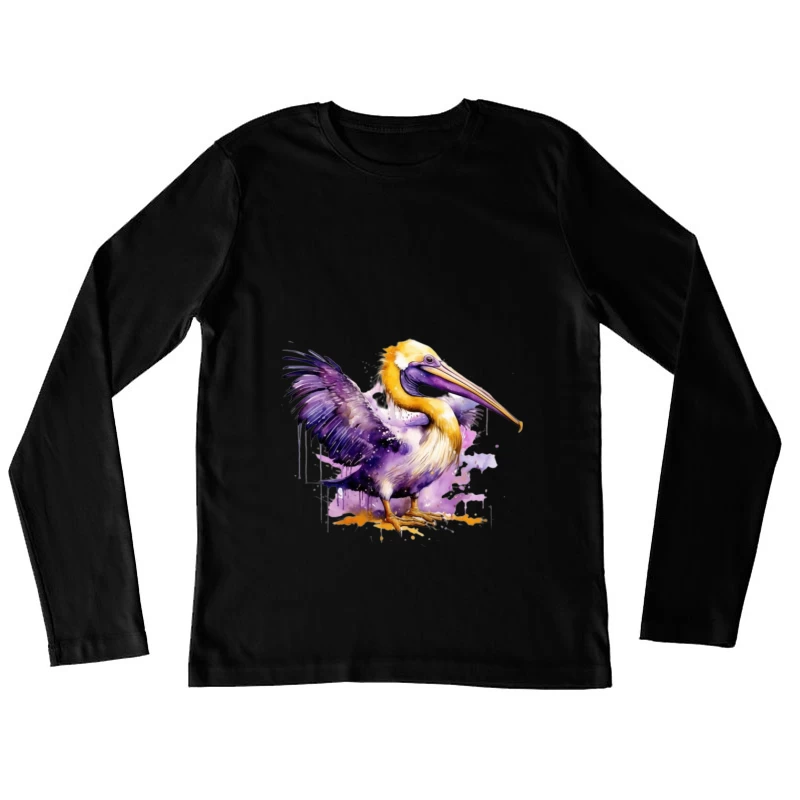 Colorful Watercolor Illustration of a Pelican Female Long Sleeve T-Shirt