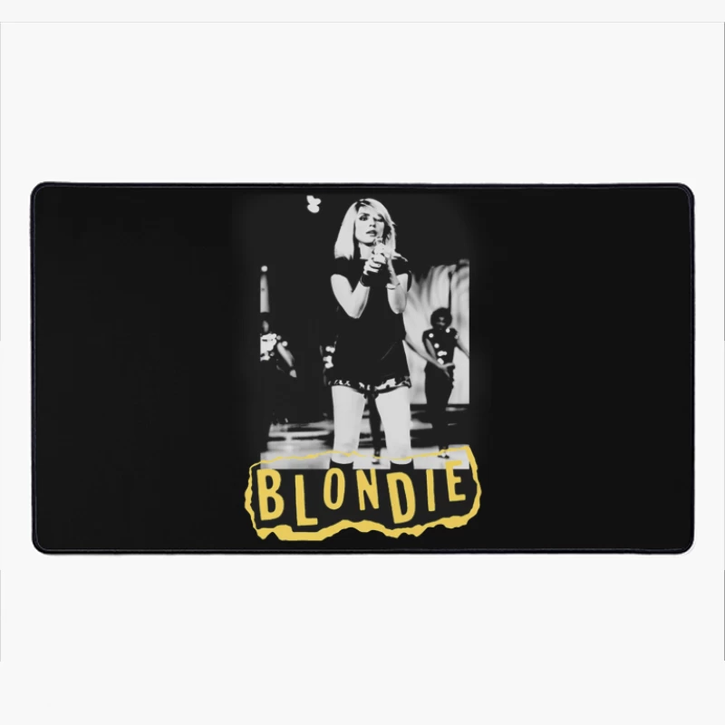 Iconic Blondie Concert Performance in Black and White, 1970s Desk Mat