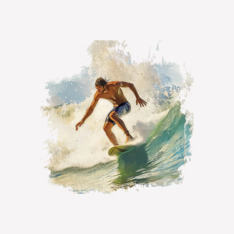 Dynamic Watercolor Surfer Riding Turquoise Wave Male T-Shirt