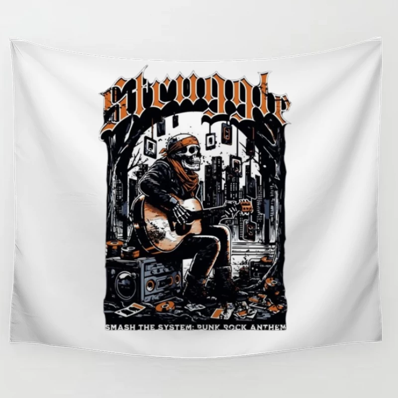 Punk Rock Skeleton Guitarist in Urban Grunge Scene Tapestry