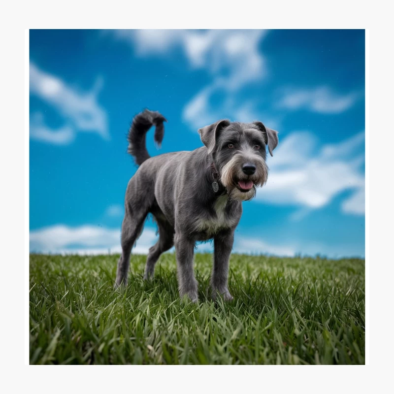 Playful Schnauzer Dog in Grassy Field Under Blue Sky Throw Pillow