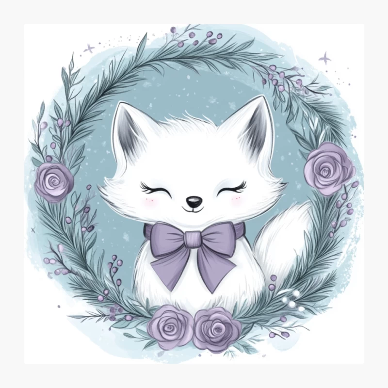 Cute White Fox with Purple Bow in Winter Rose Wreath Pin