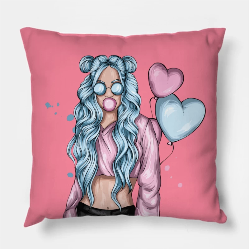Girl with Blue Hair and Hearts Throw Pillow